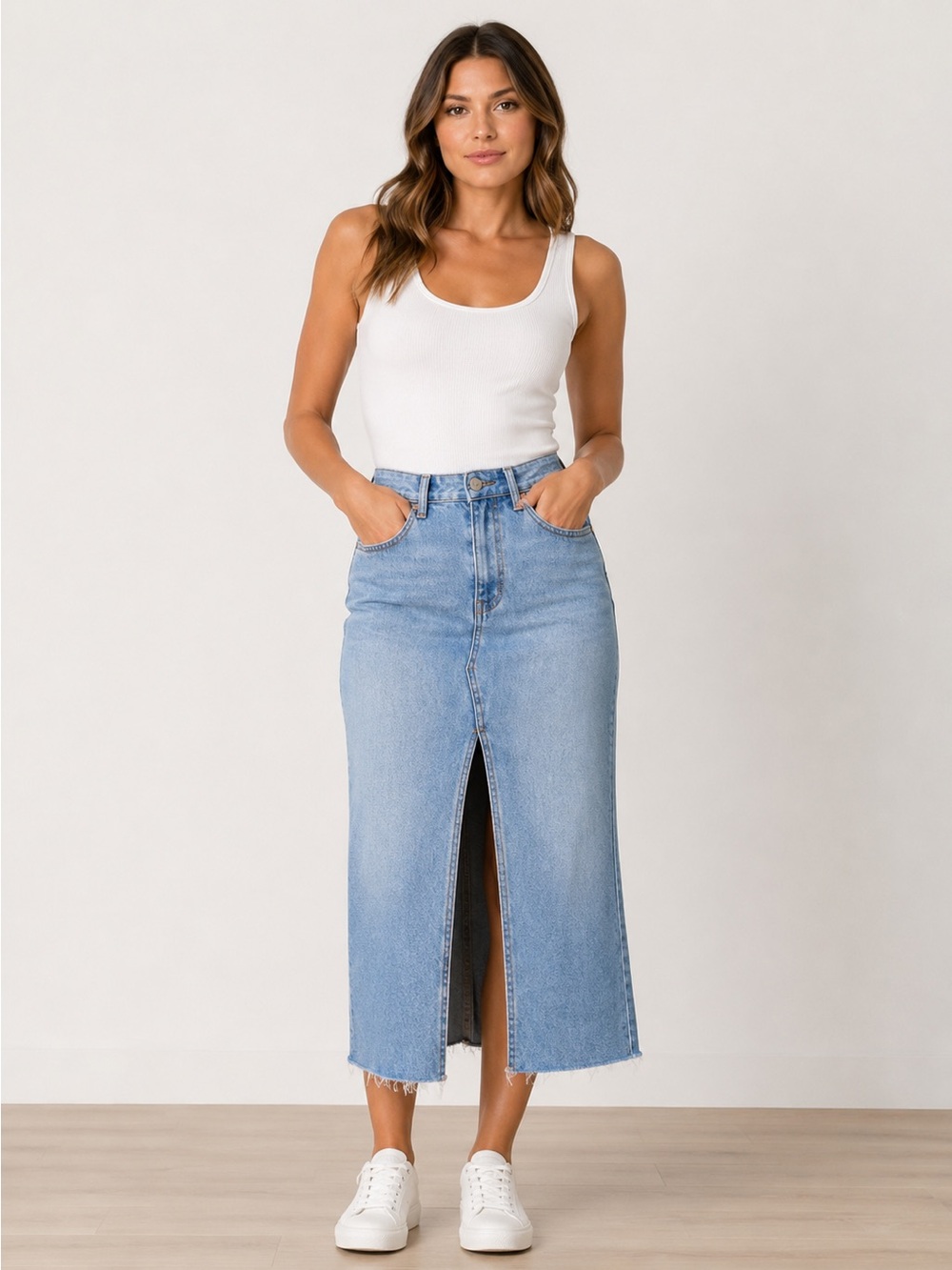 Refuge Light Wash Denim Maxi Skirt XS High Rise Front Slit 90s Y2K Midi